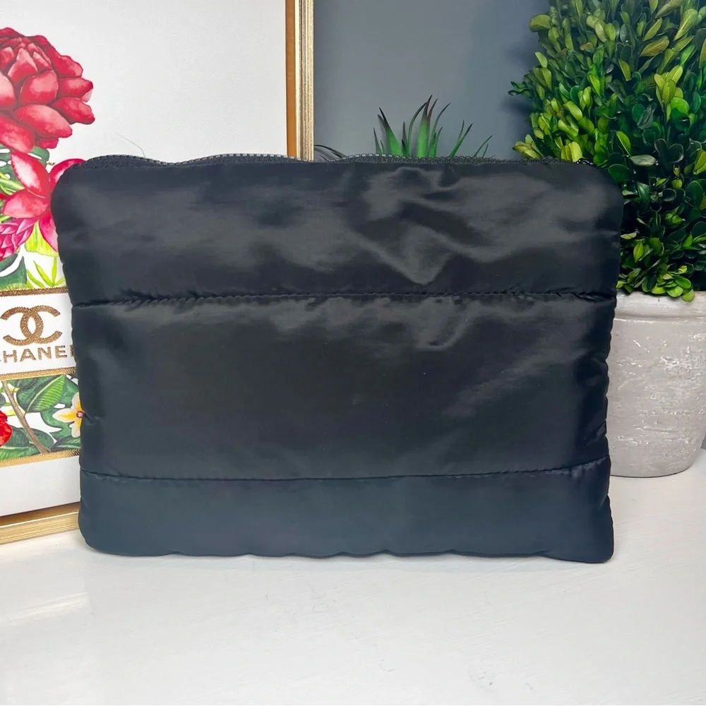 Black Quilted Makeup Bag Travel Cosmetic Pouch, Minimalist Beauty Organizer